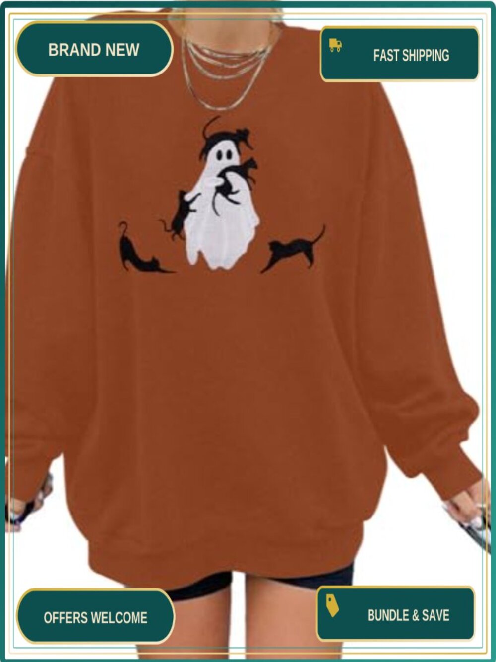 Halloween Ghost Black Cat Embroidery Sweatshirt Women Crew Neck Pullover